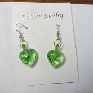 HAND MADE GREEN GLASS HEART EARRINGS #5